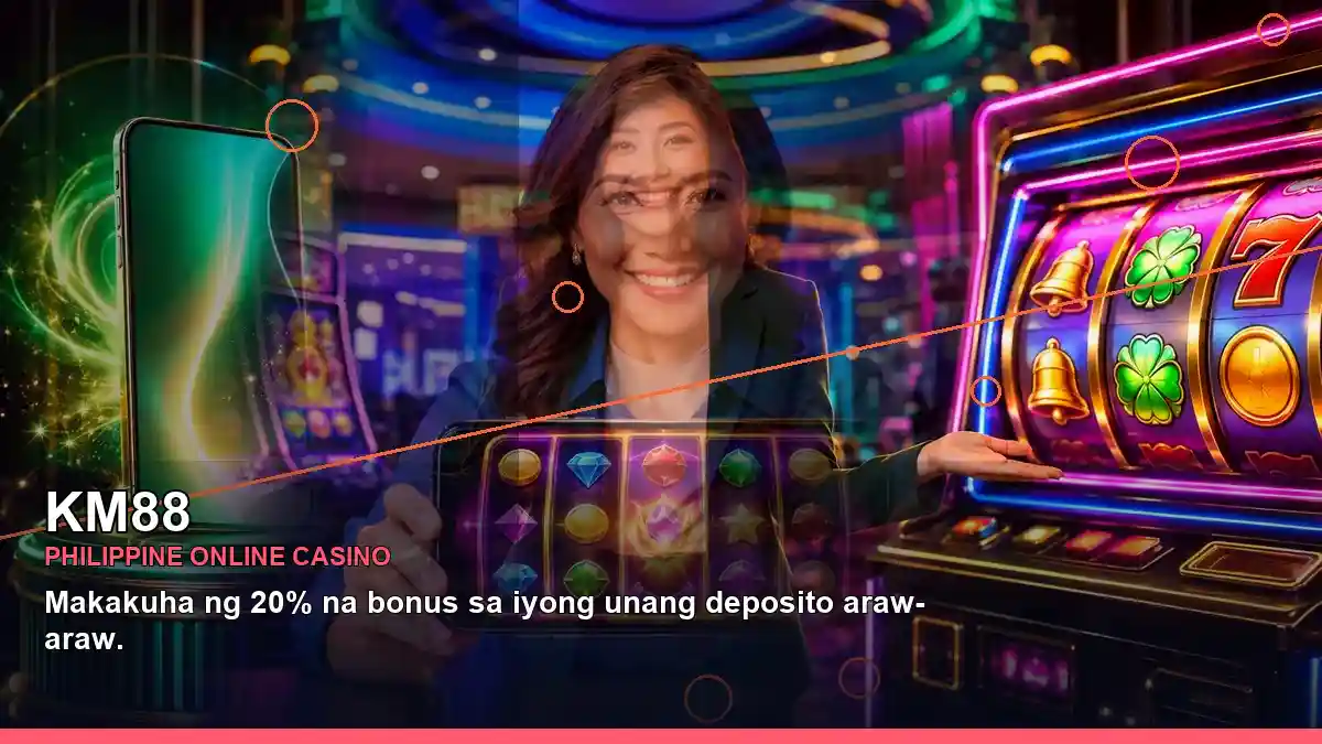 KM88 reels casino bonus games featuring an adult Filipina casino host with a right close-up composition