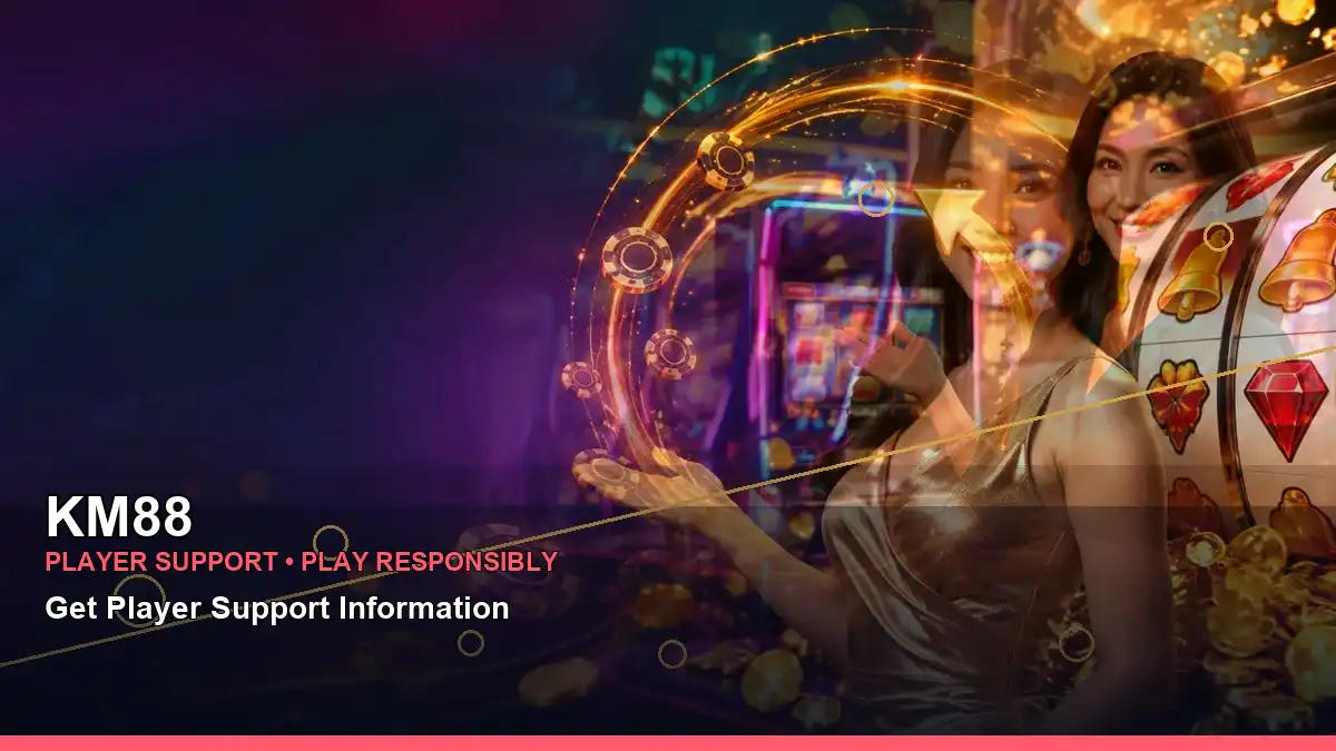 KM88 lounge VIP casino rewards featuring an adult Filipina casino host with a wide-action composition